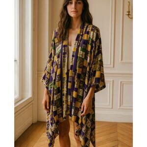 Paths of Spirit Purple Gold Paisley Floral Silk Kimono One Size